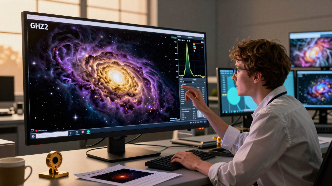 Pessoa analisando imagens digitais de uma galáxia em múltiplos monitores no escritório.