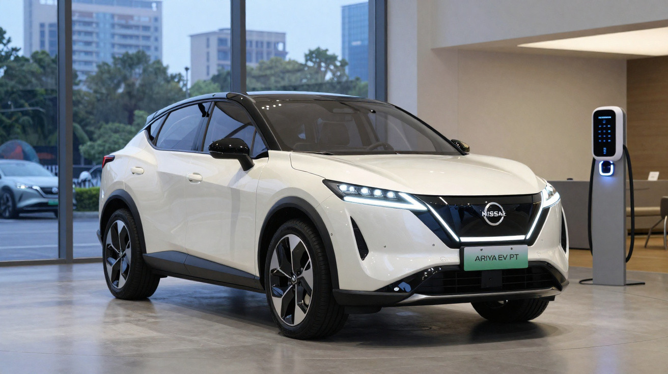 Carro elétrico branco Nissan Ariya EV PT estacionado em ambiente interno próximo a estação de recarga.