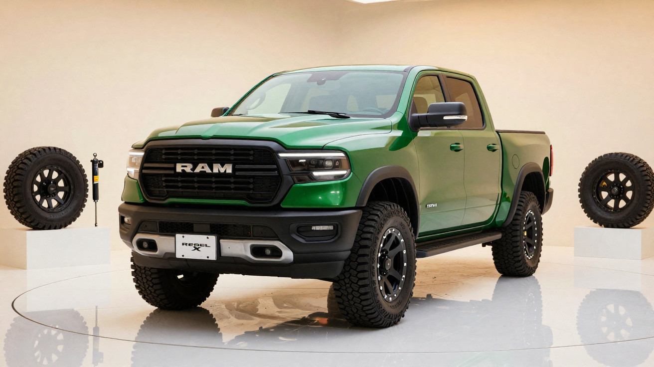 Picape verde RAM Rebel com pneus off-road em exposição interna minimalista.