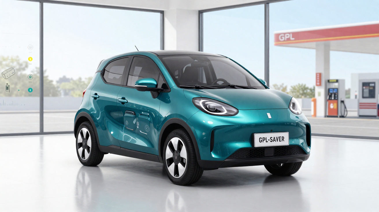 Carro elétrico compactoe verde em showroom com sinalização de abastecimento au GPl ao fundo.