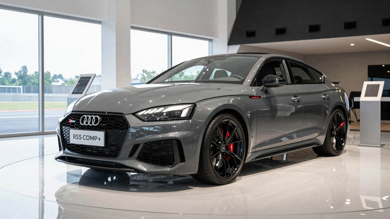 Audi RS5 COMP+ cinza exibido em showroom com rodas pretas e detalhes em vermelho.