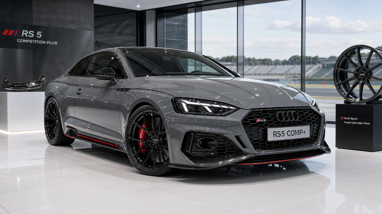 Audi RS5 Competition Plus cinza exposto em showroom com rodas pretas e detalhes vermelhos.