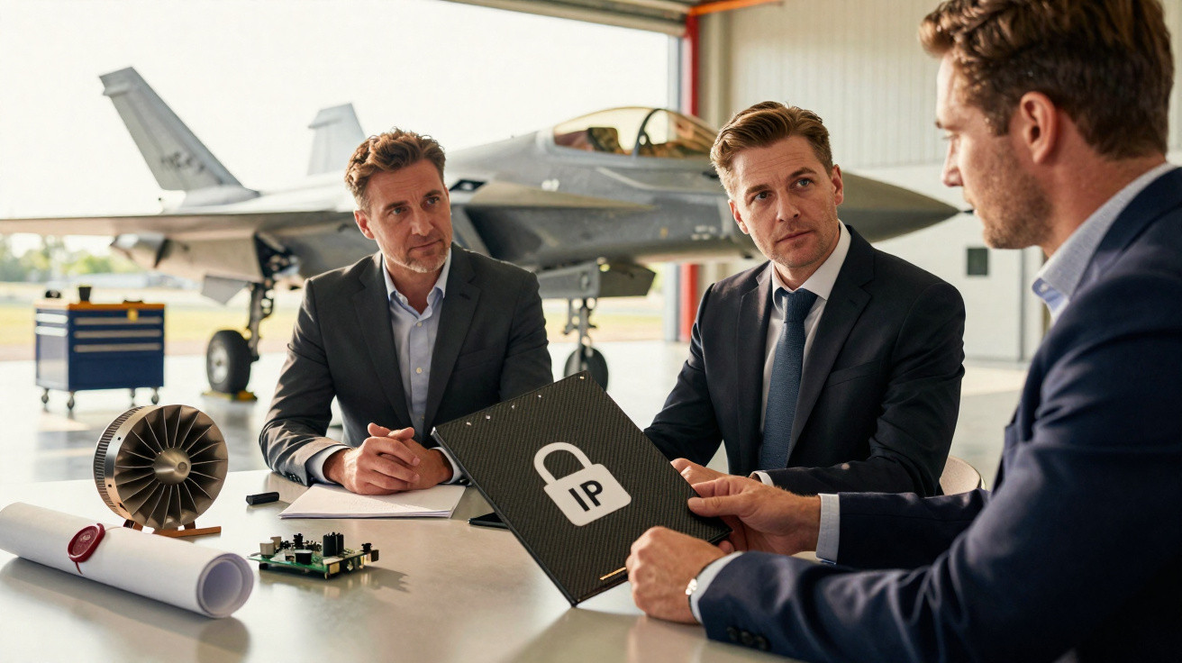 Homens de negócios em reunião com avião militar em hangar, discutindo documento confidencial de propriedade intelectual.