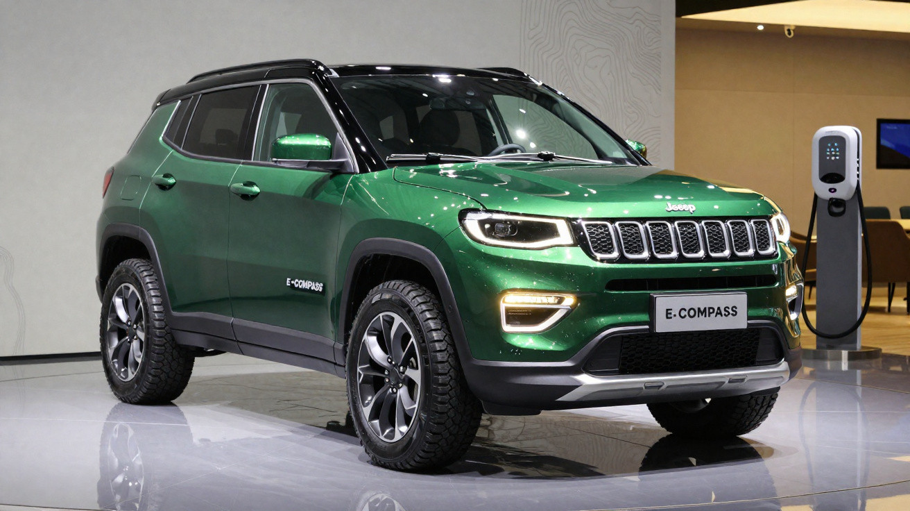 SUV elétrico Jeep E-Compass verde estacionado em ambiente interno com carregador elétrico ao lado.