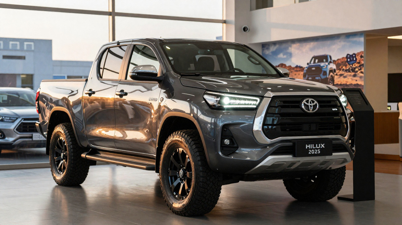Picape Toyota Hilux 2025 cinza exposta em showroom com iluminação interna.