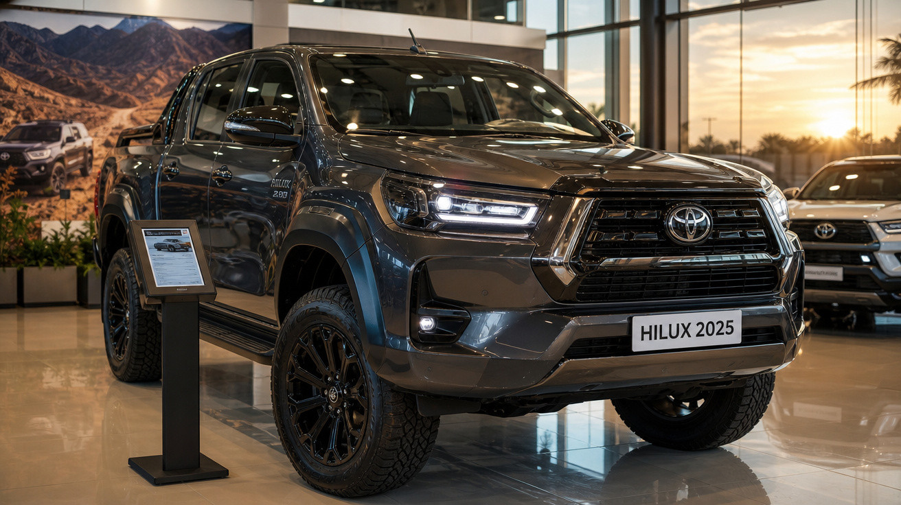 Picape preta Toyota Hilux 2025 exposta em showroom com iluminação natural ao entardecer.