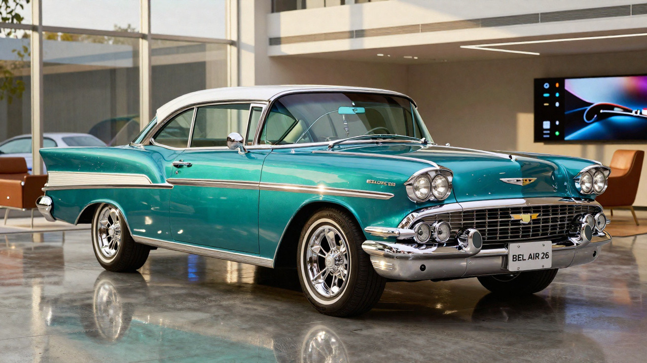 Carro clássico Chevrolet Bel Air verde com teto branco em showroom moderno com luz natural.