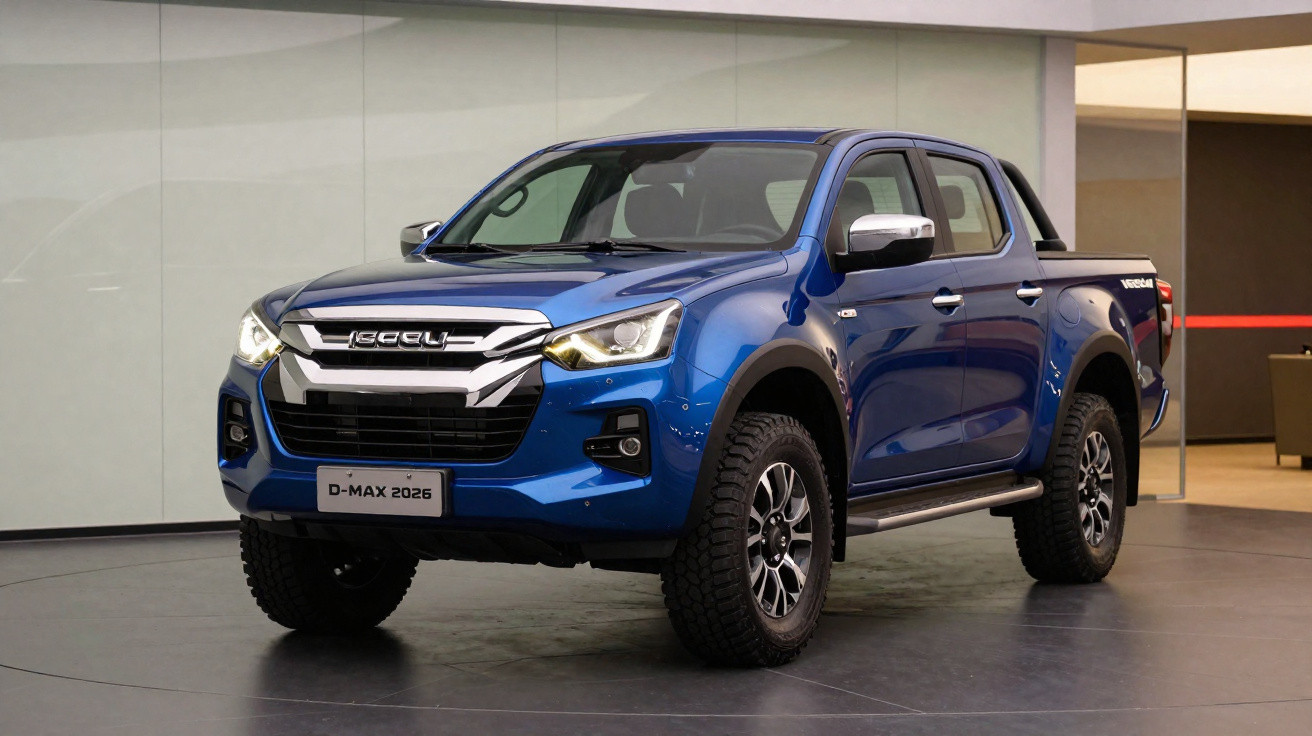 Picape azul Isuzu D-Max 2026 em ambiente interno com iluminação suave.