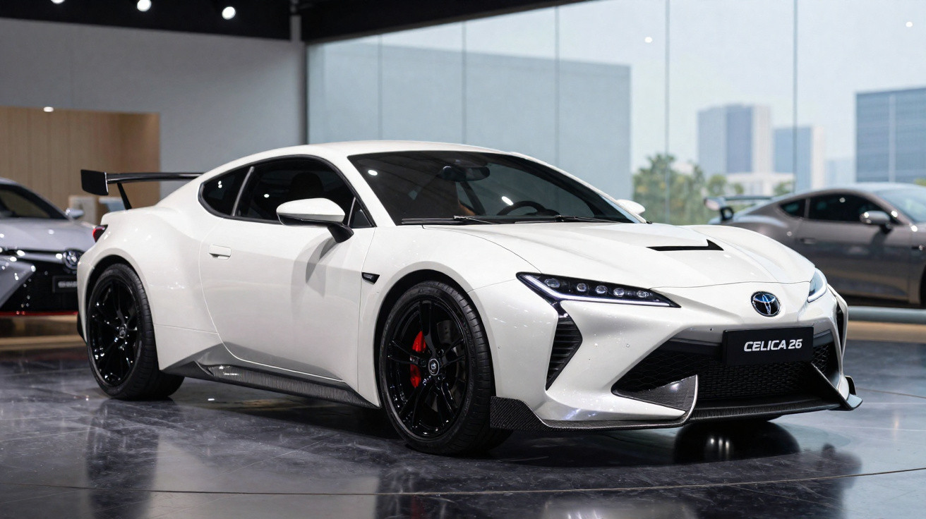 Carro esportivo branco Toyota Celica 26 em exposição com rodas pretas e detalhe em vermelho nas pinças de freio.