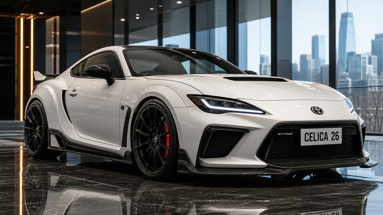 Carro esportivo branco Toyota GT-Four estacionado em piso de mármore refletivo com prédio ao fundo.