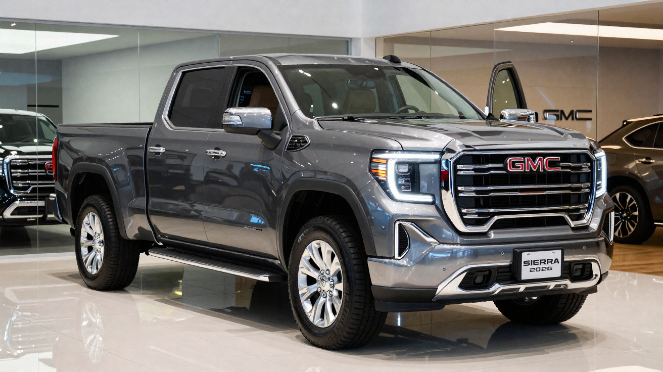 Picape cinza GMC Sierra 2023 estacionada em showroom moderno e iluminado.