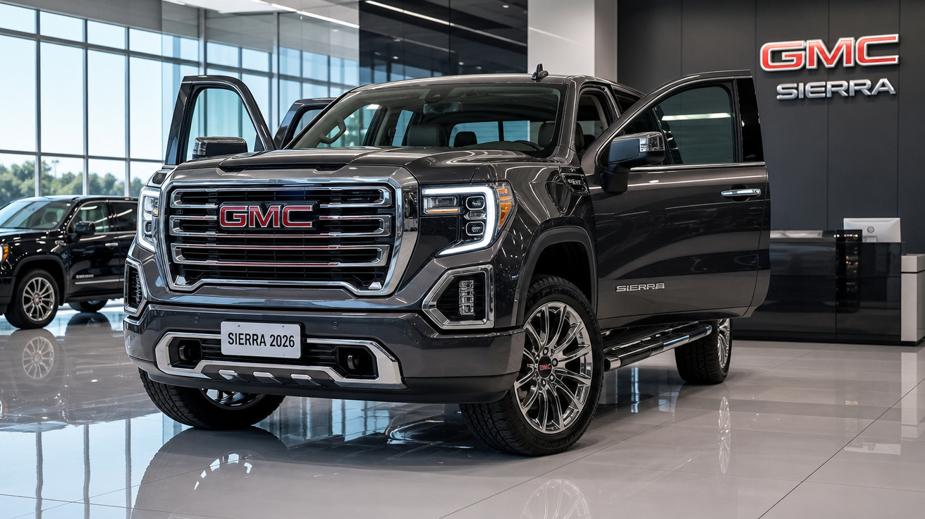 Picape preta GMC Sierra 2026 exposta em showroom com portas dianteiras abertas e logo visível.