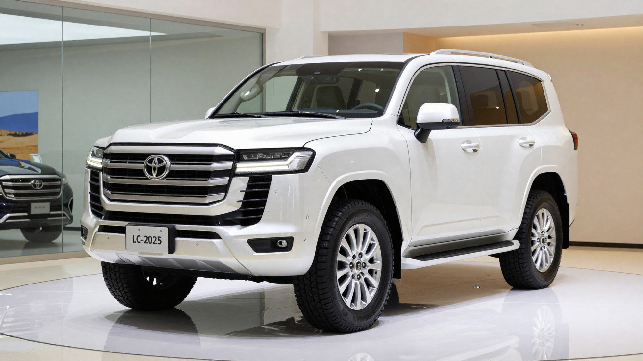 SUV branco Toyota LC 2025 em exposição interna com iluminação clara e piso refletivo.