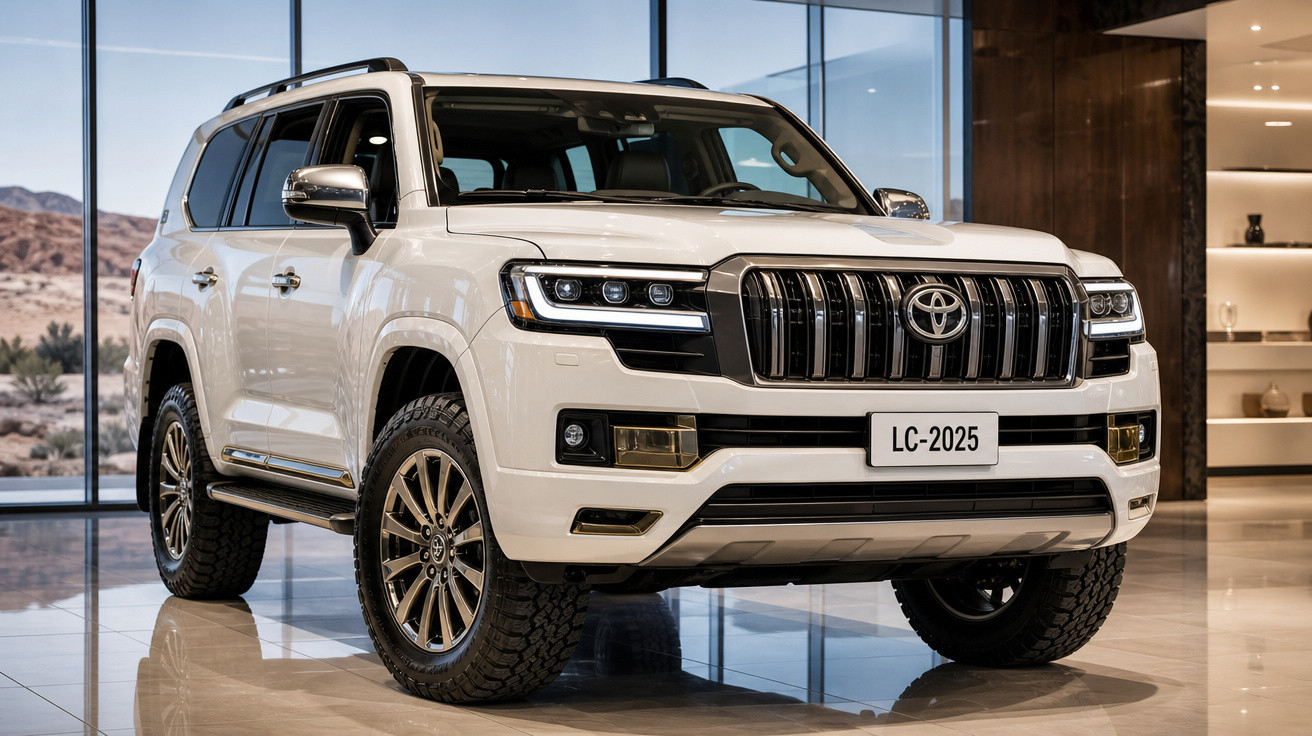 SUV branco Toyota Land Cruiser 2025 exibido em showroom moderno com grandes janelas.