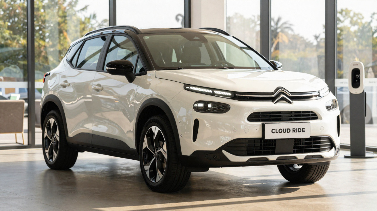 Carro SUV Citroën Cloud Ride branco exposto em showroom com grandes janelas e piso claro.