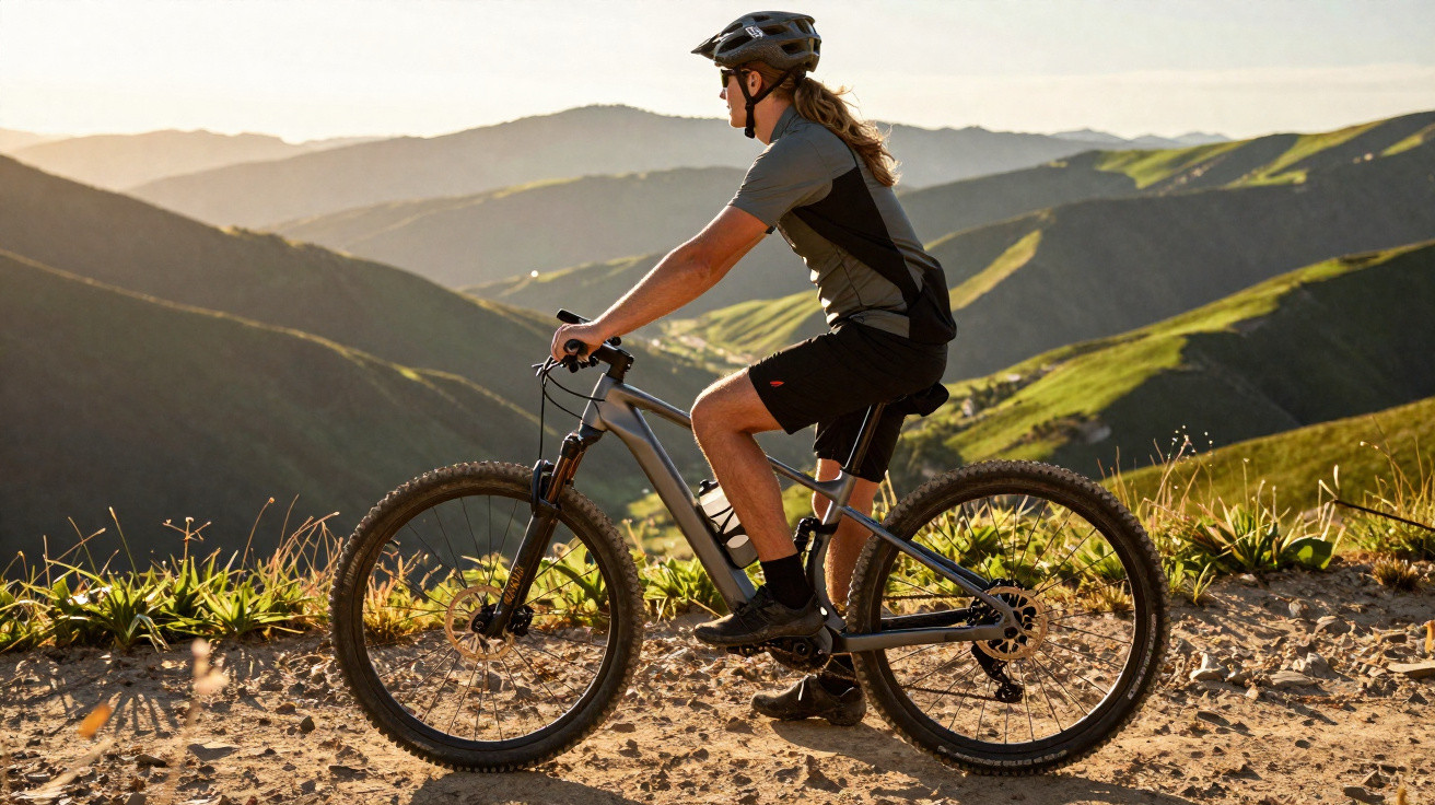 Pessoa com capacete andando de bicicleta de montanha em trilha com montanhas ao fundo ao pôr do sol.
