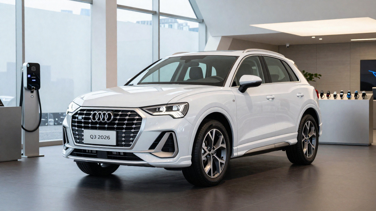 Carro SUV Audi Q3 2026 branco em showroom moderno com carregador elétrico ao lado.