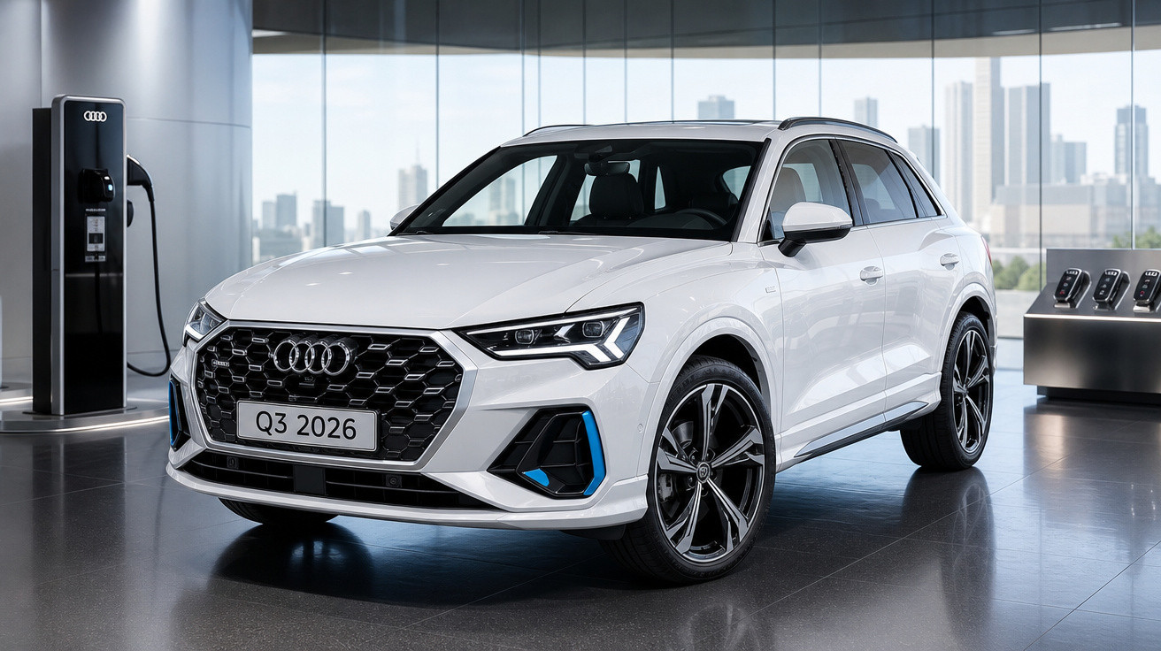 Audi Q3 2026 branco exibido em showroom moderno com parede de vidro e estação de carregamento elétrico ao fundo.