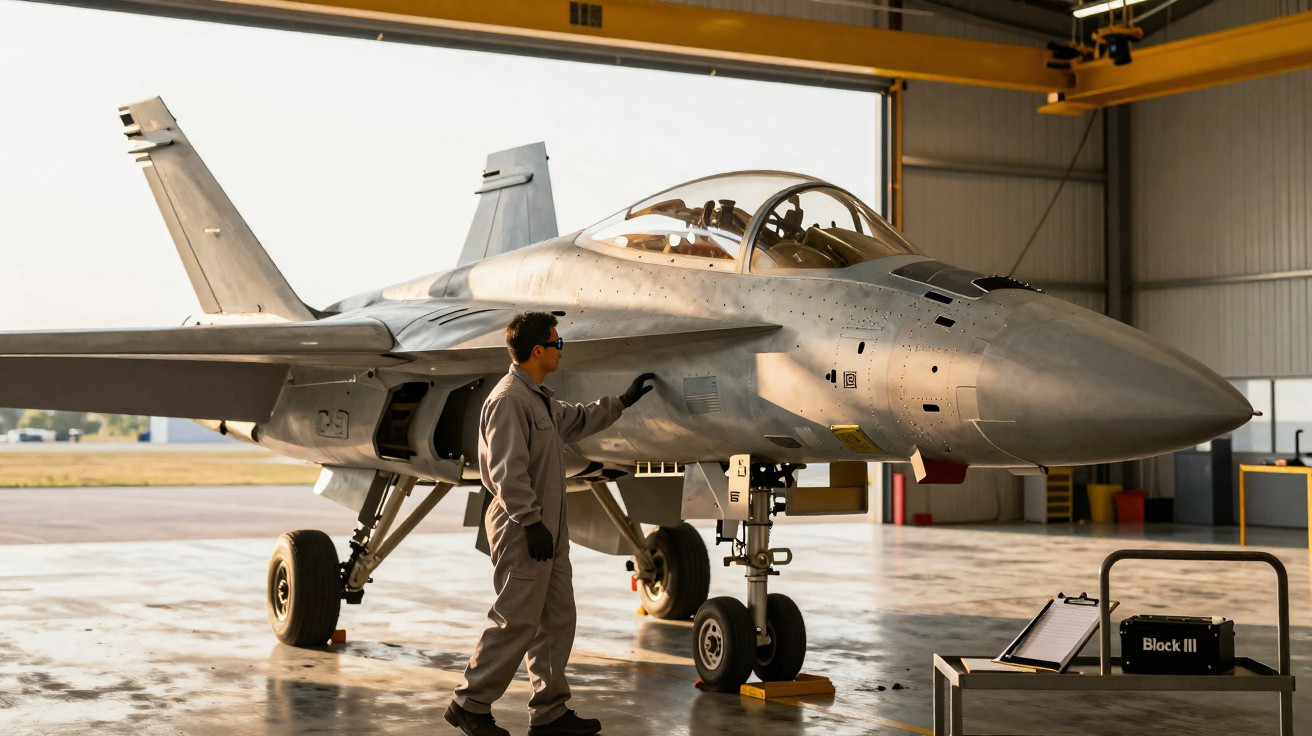 Homem com macacão cinza inspeciona caça militar estacionado em hangar iluminado pela luz do sol.