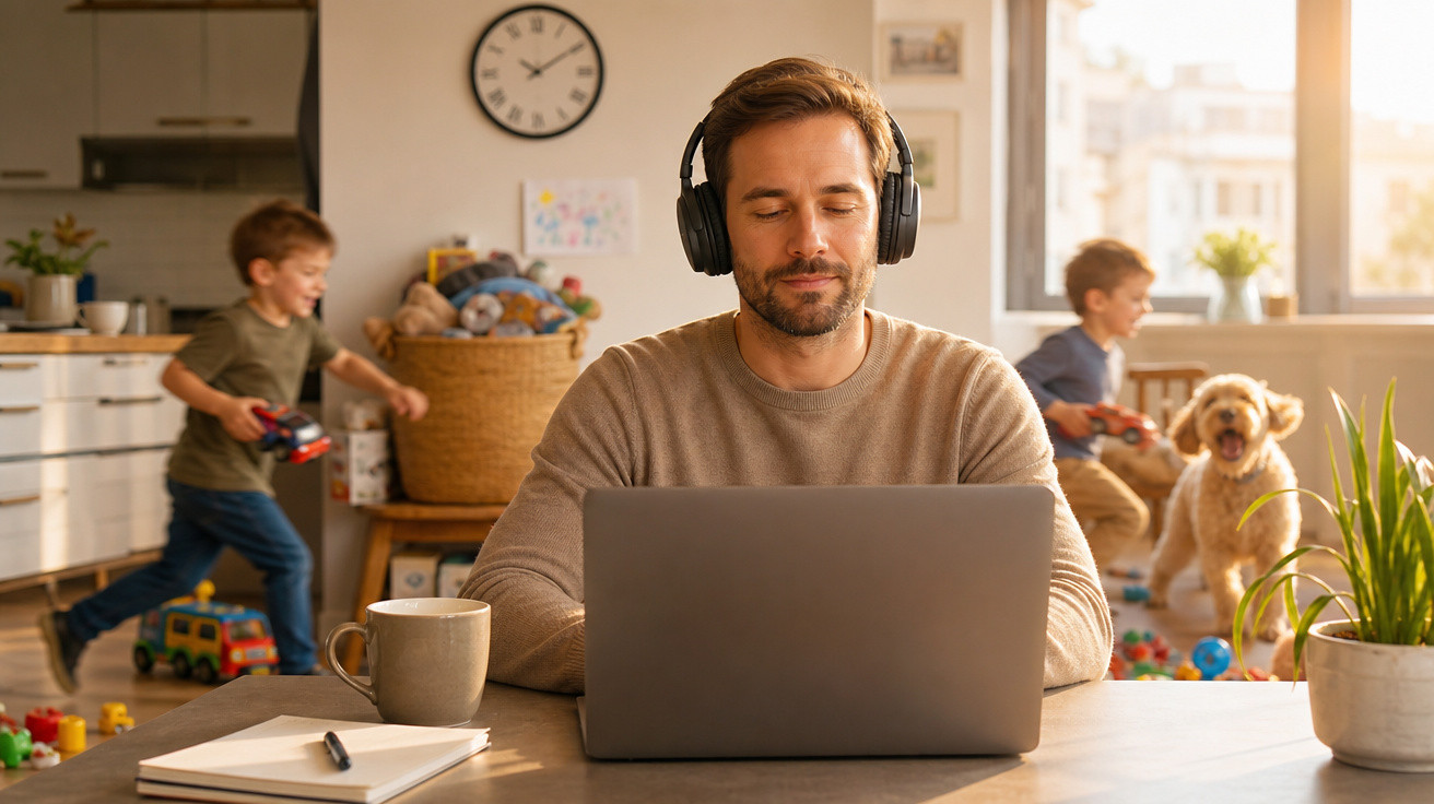 Homem com fones de ouvido trabalha concentrado no laptop enquanto crianças brincam e cão observa ao fundo na sala.