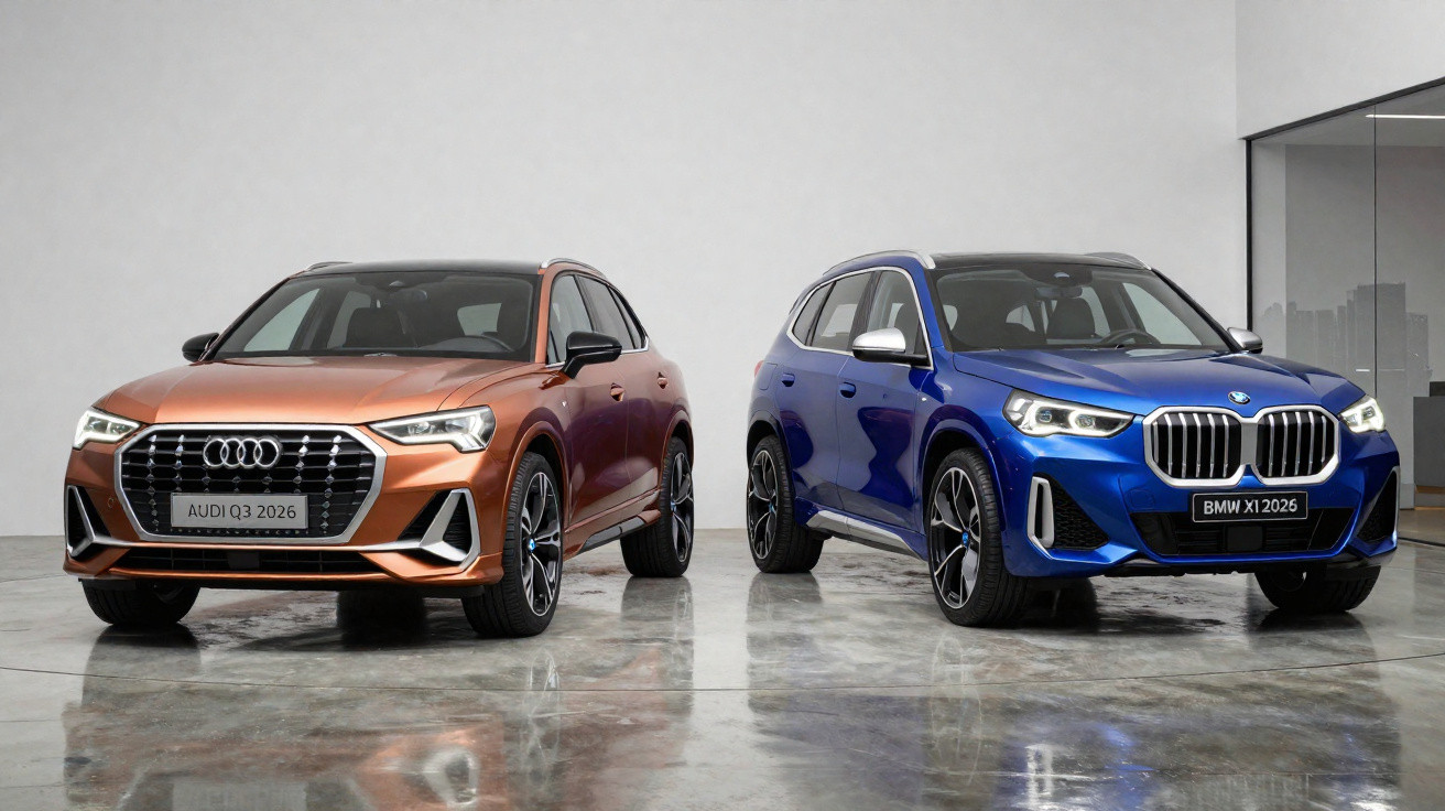 Dois SUVs modernos em exposição: Audi Q3 2026 bronze e BMW X1 2026 azul em piso refletivo.