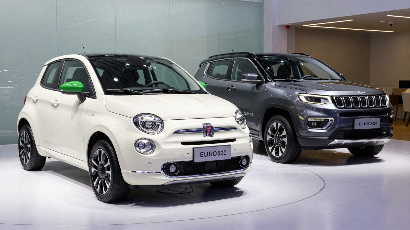 Carro Fiat branco com retrovisores verdes ao lado de SUV Jeep cinza em exposição automotiva.