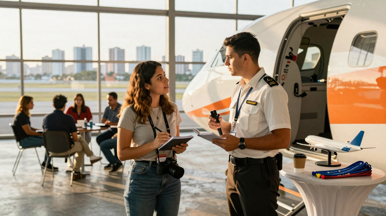 Homem com uniforme de piloto conversa com mulher de camiseta cinza em hangar ao lado de avião pequeno.