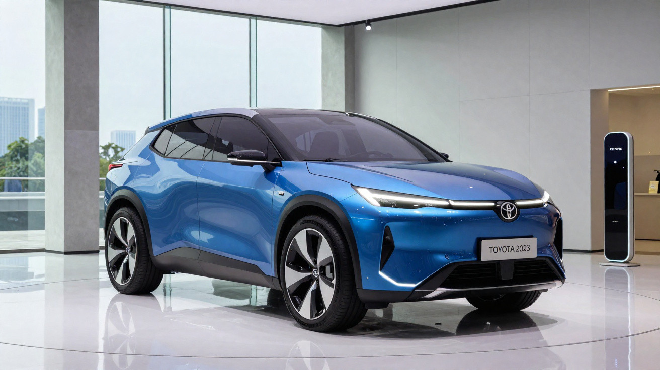 Carro elétrico Toyota 2023 azul exposto em ambiente moderno com grandes janelas e piso branco refletivo.
