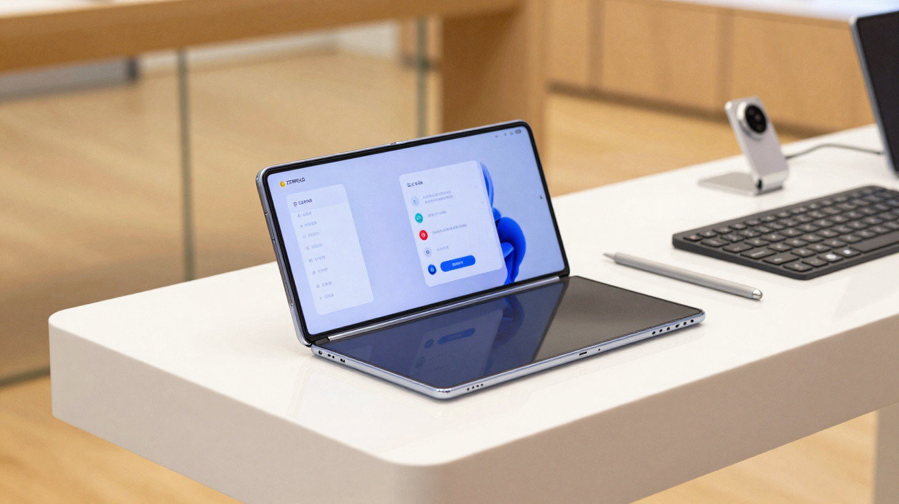 Smartphone dobrável aberto exibindo tela de configurações em mesa branca com teclado e relógio digital ao fundo.