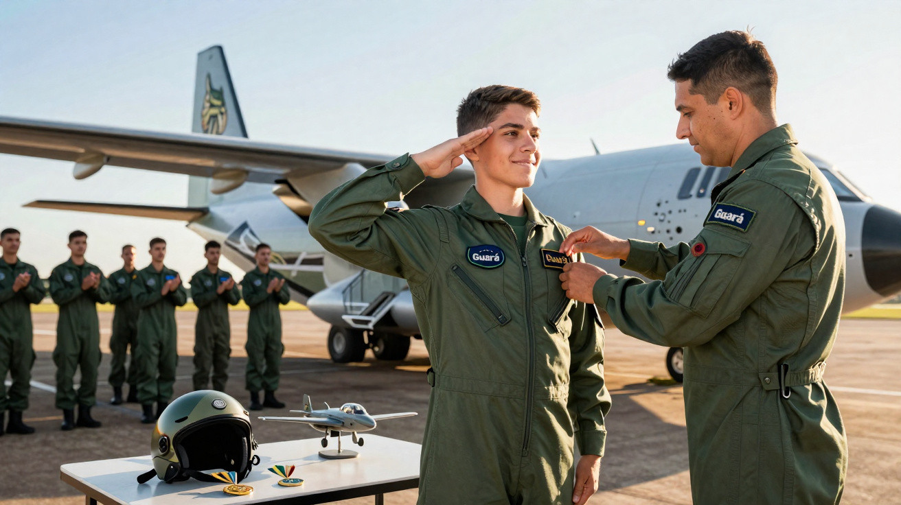 Militares em uniforme verde com aeronave ao fundo durante cerimônia de condecoração em base aérea.