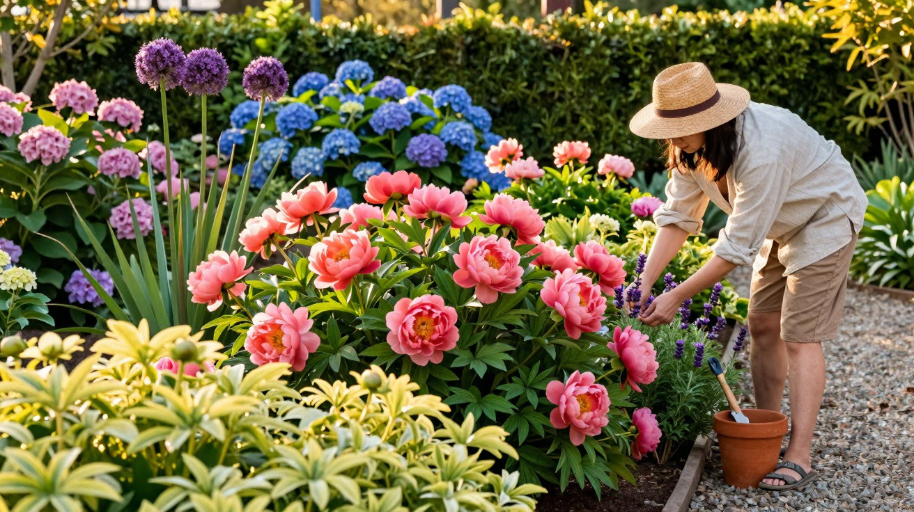 Pessoa regando flores coloridas em jardim ensolarado com hortênsias, peônias e outras plantas.