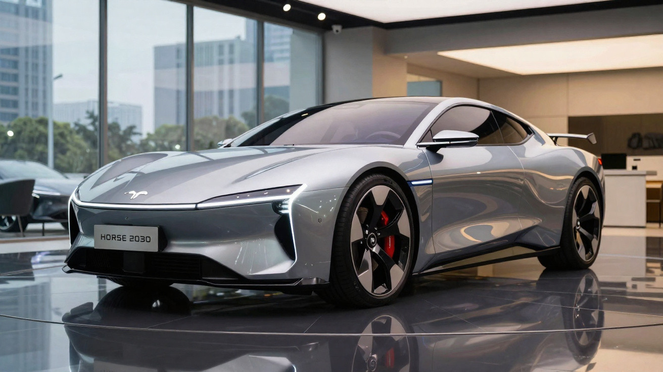 Carro elétrico esportivo prateado em exibição dentro de showroom moderno com janelas grandes.