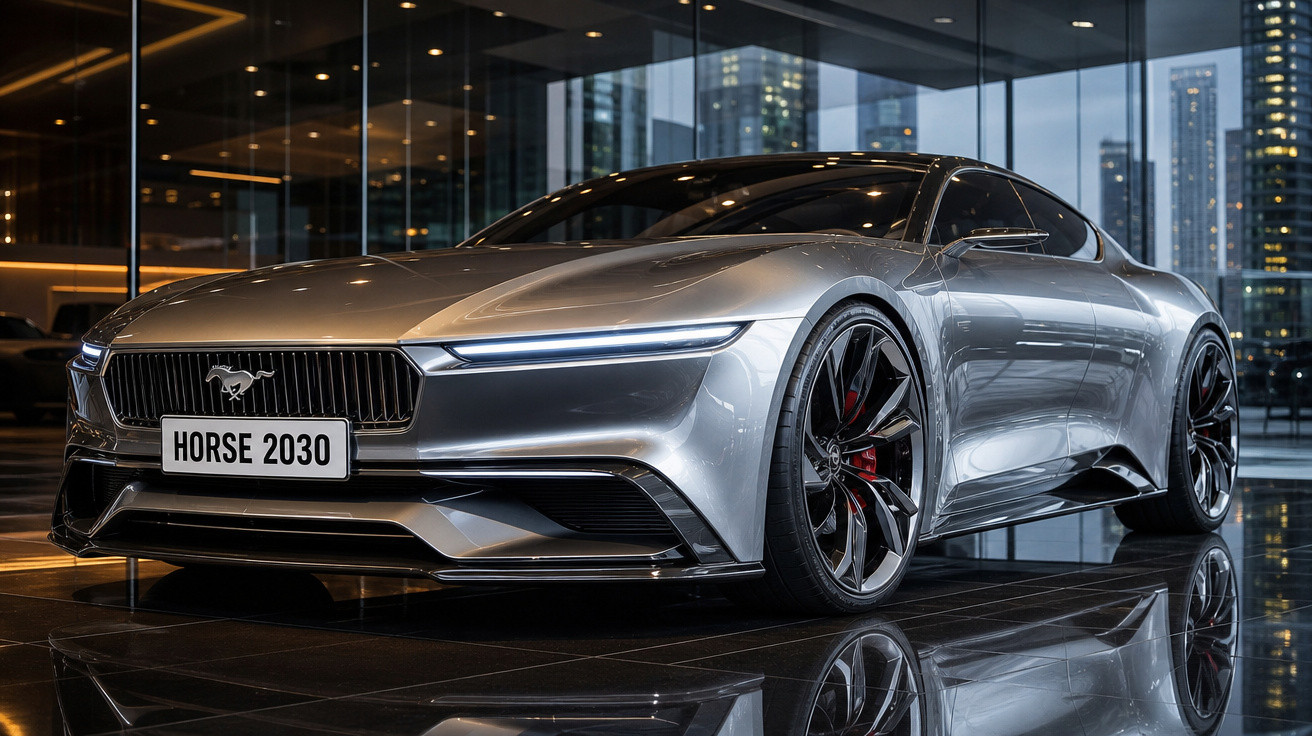 Carro esportivo elétrico cinza prateado em showroom moderno com arquitetura de vidro ao fundo.