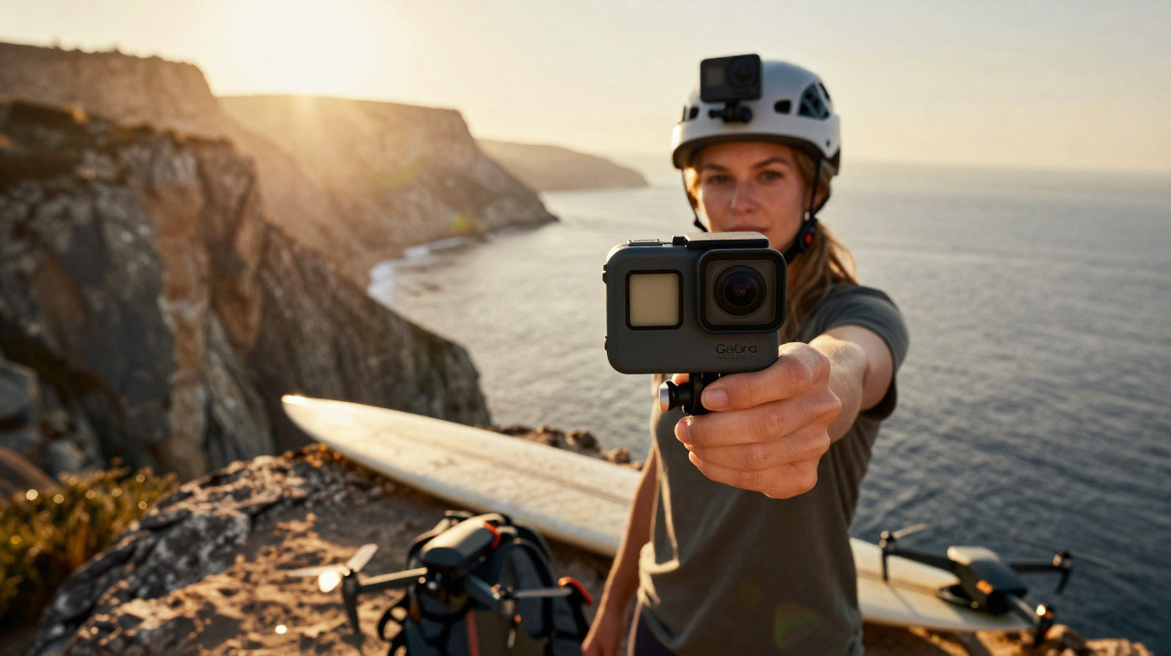 Mulher com capacete segurando GoPro em penhasco com prancha e mar ao fundo ao pôr do sol.