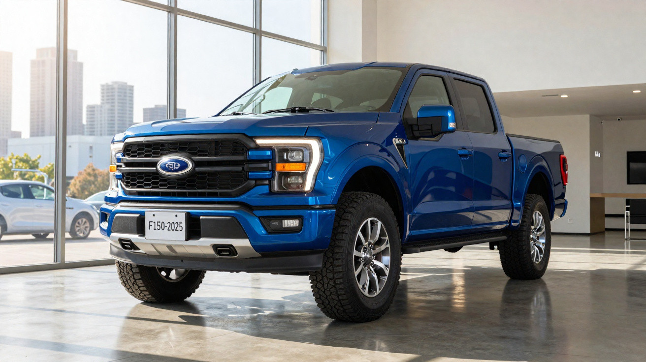 Picape Ford F-150 azul estacionada em salão moderno com janelas de vidro.