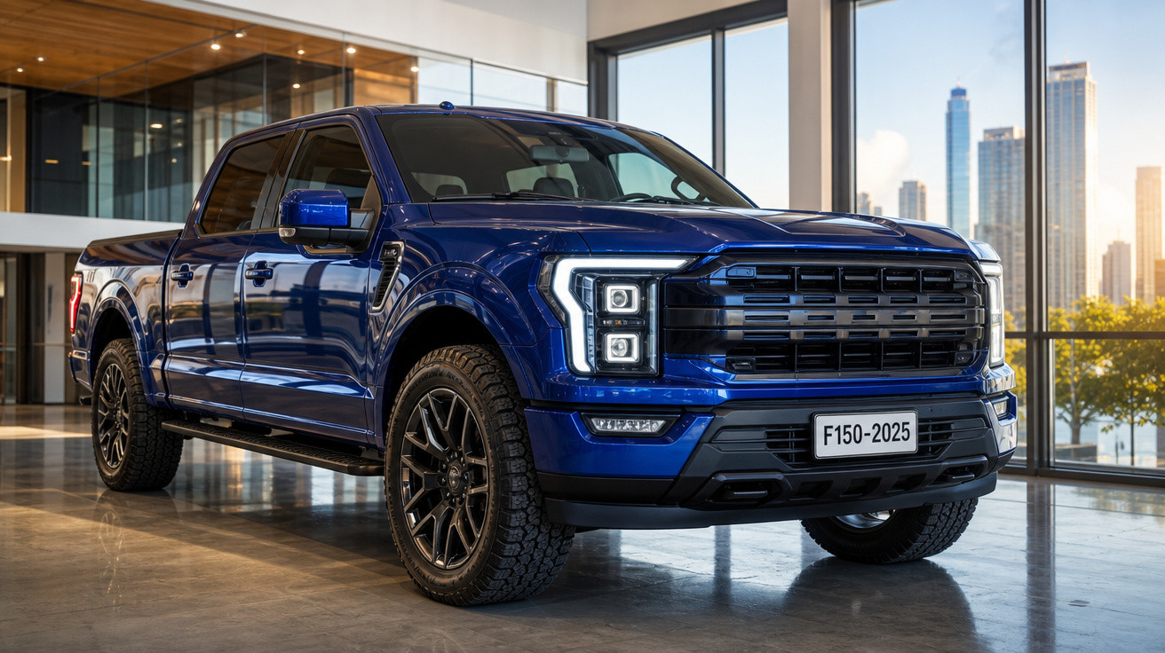 Picape azul Ford F-150 2025 exibida em showroom com janelas e vista urbana ao fundo.