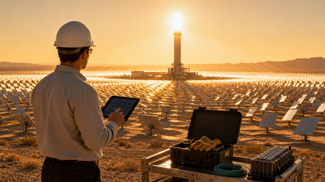 Homem com capacete branco usando tablet em usina solar concentrada ao pôr do sol no deserto.