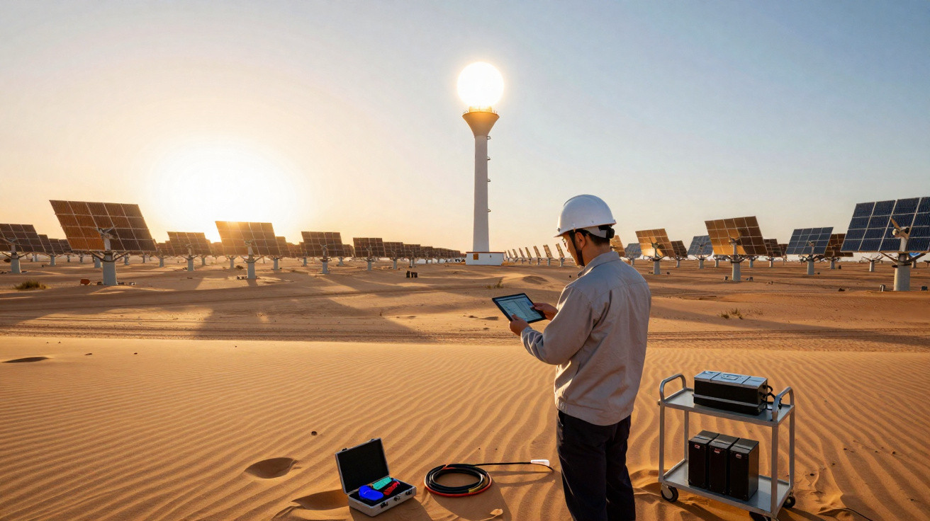 Engenheiro em capacete usando tablet em usina solar com painéis e torre solar ao pôr do sol no deserto.