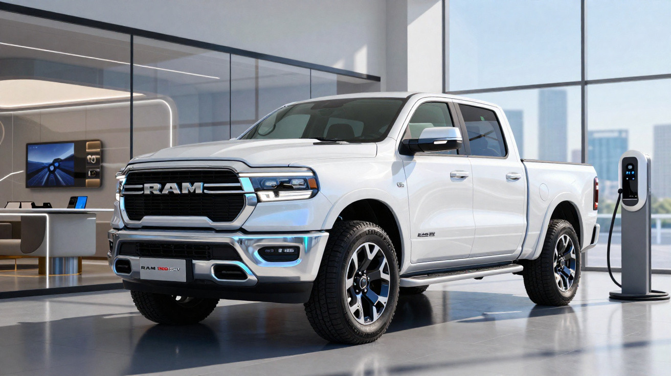 Picape eletrificada RAM 1500 REV branca carregando em estação moderna dentro de showroom.