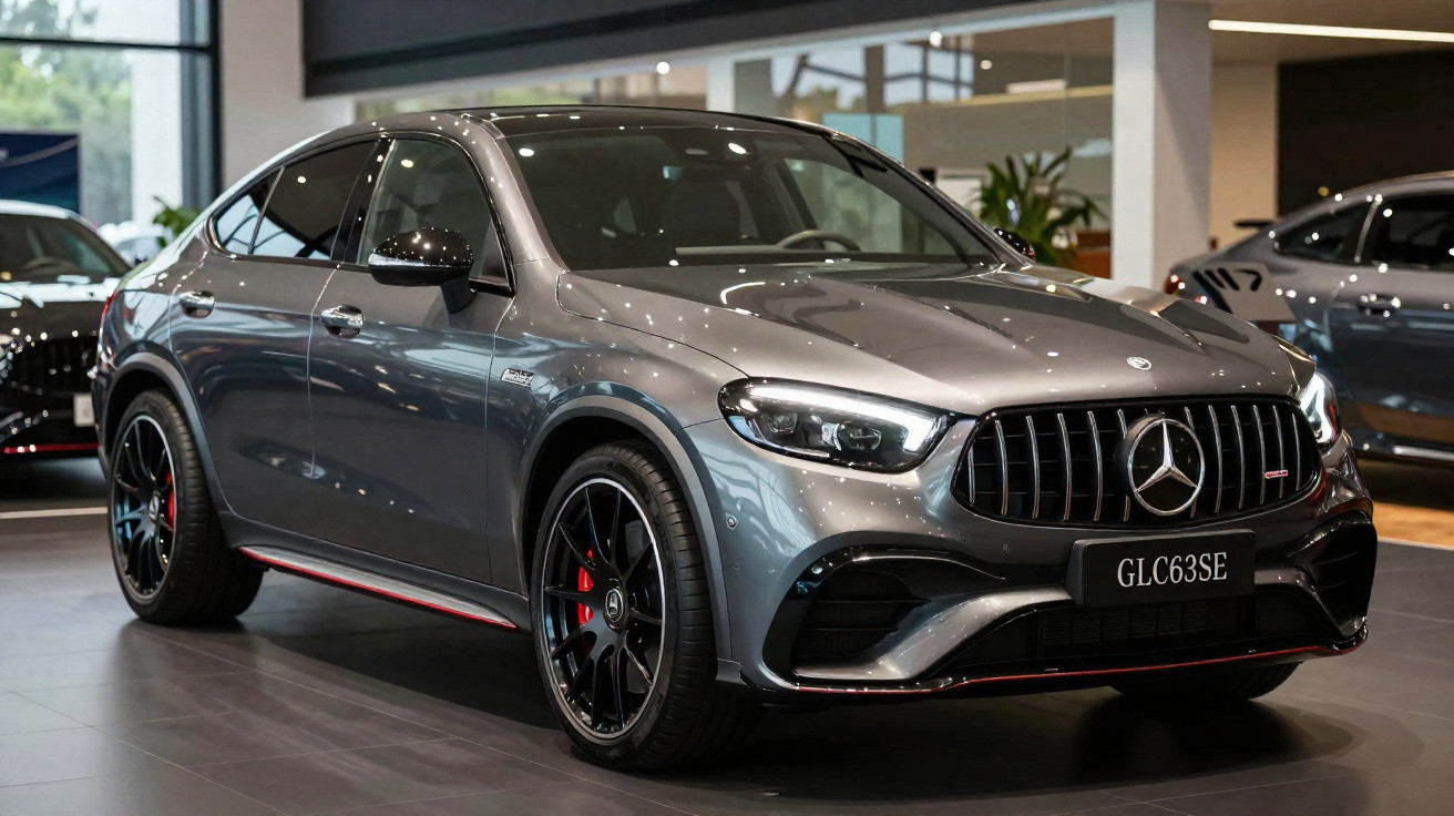 Mercedes-Benz GLC 63 S Coupe cinza metálico exibido em showroom moderno com rodas pretas esportivas.