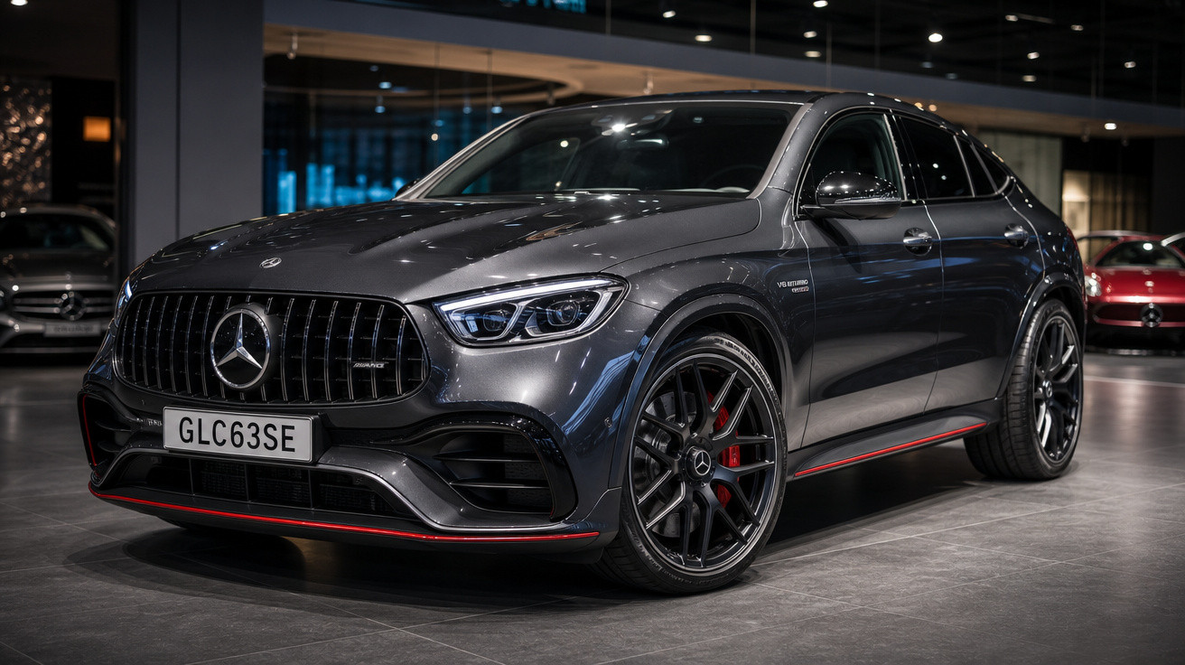 SUV esportivo Mercedes-Benz AMG GLC 63 cinza escuro estacionado em showroom iluminado.