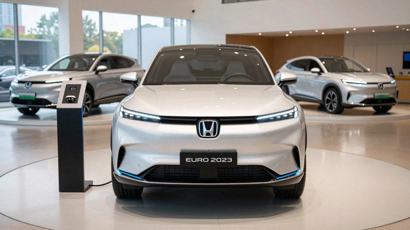 Carro elétrico branco Honda estacionado em showroom, conectado a estação de carregamento.