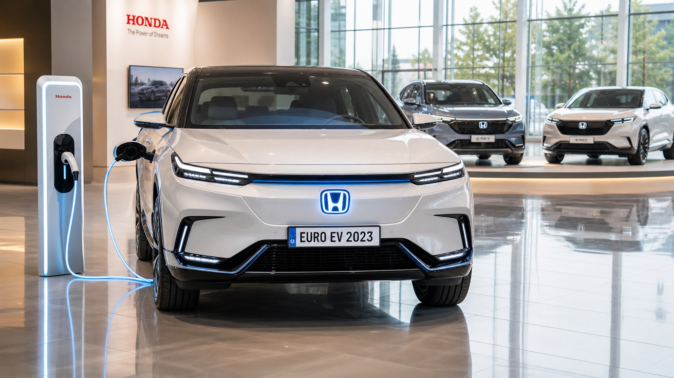 Carro elétrico branco da Honda sendo carregado em um showroom com outros modelos ao fundo.