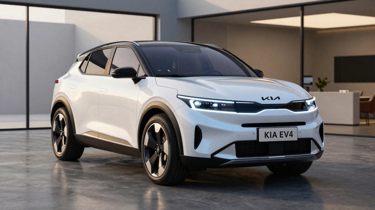 Carro elétrico Kia EV4 branco estacionado em garagem moderna com iluminação suave.