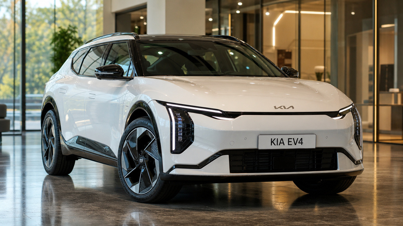 Carro elétrico branco Kia EV4 estacionado em ambiente interno moderno.