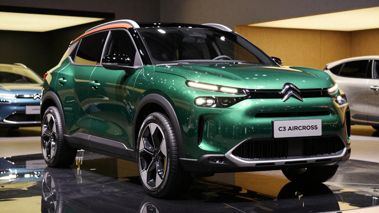 SUV Citroën C3 Aircross verde com detalhes laranja exibido em salão de automóveis.