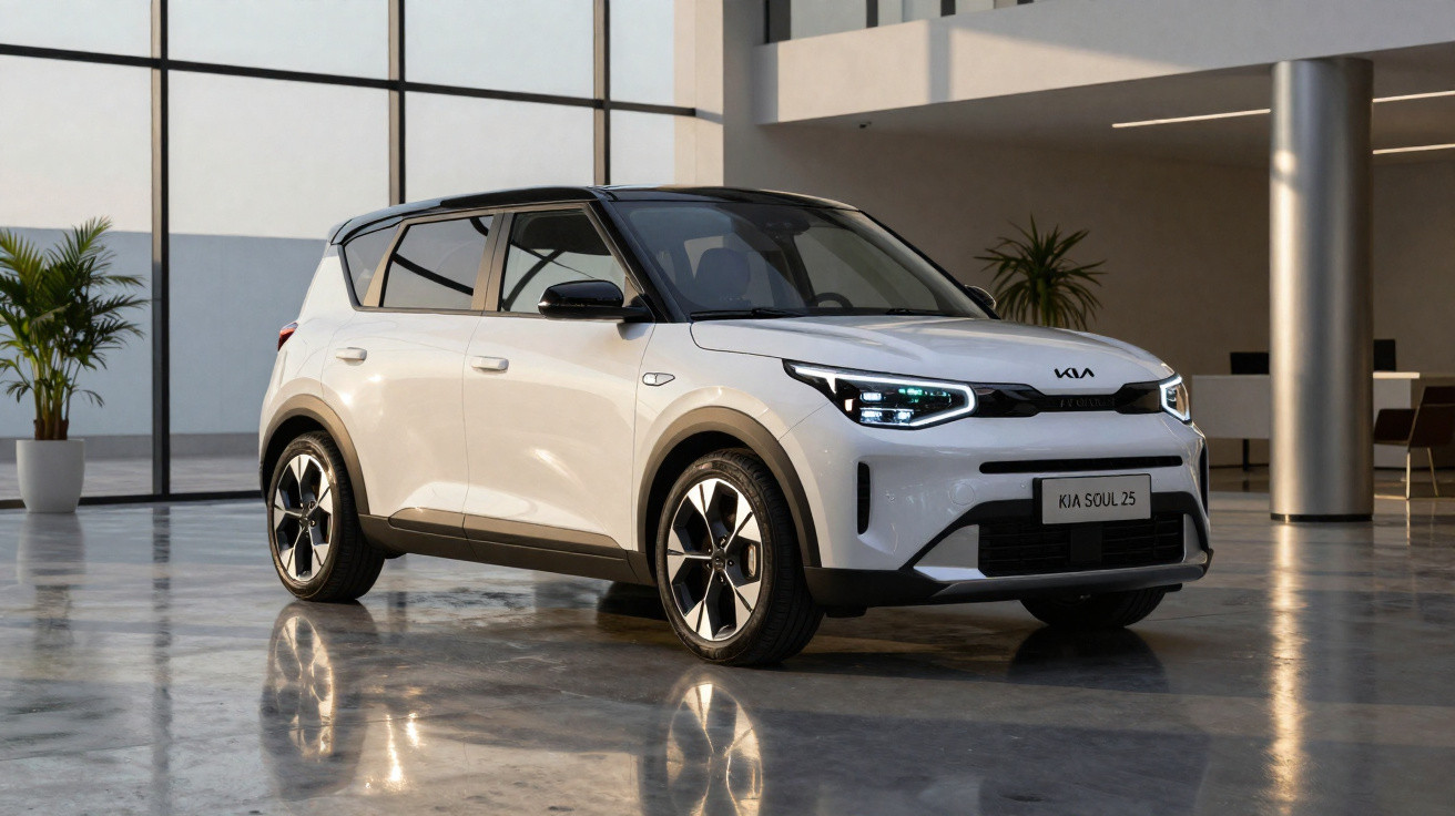 Carro elétrico Kia Soul 2025 branco em ambiente interno moderno com piso refletivo e plantas ao fundo.