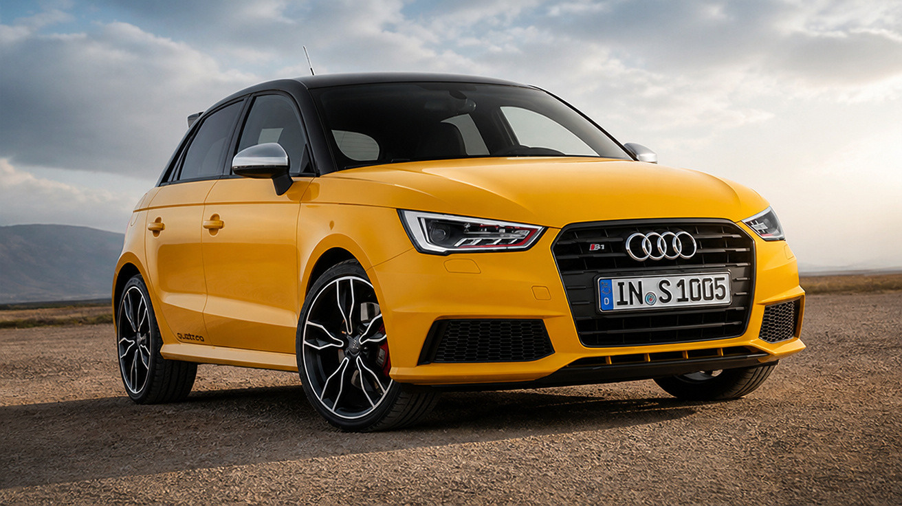 Carro Audi S1 amarelo estacionado em terreno árido sob céu nublado ao entardecer.