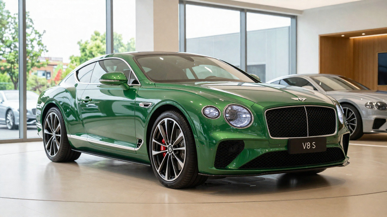 Carro esportivo verde Bentley V8 S em exposição interna com iluminação natural e outros carros ao fundo.