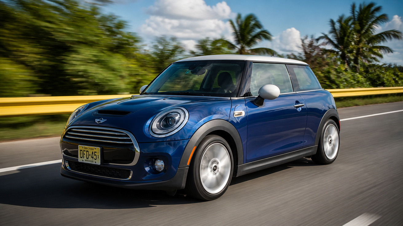 Carro Mini Cooper azul em movimento em estrada com natureza ao fundo e céu azul com nuvens.